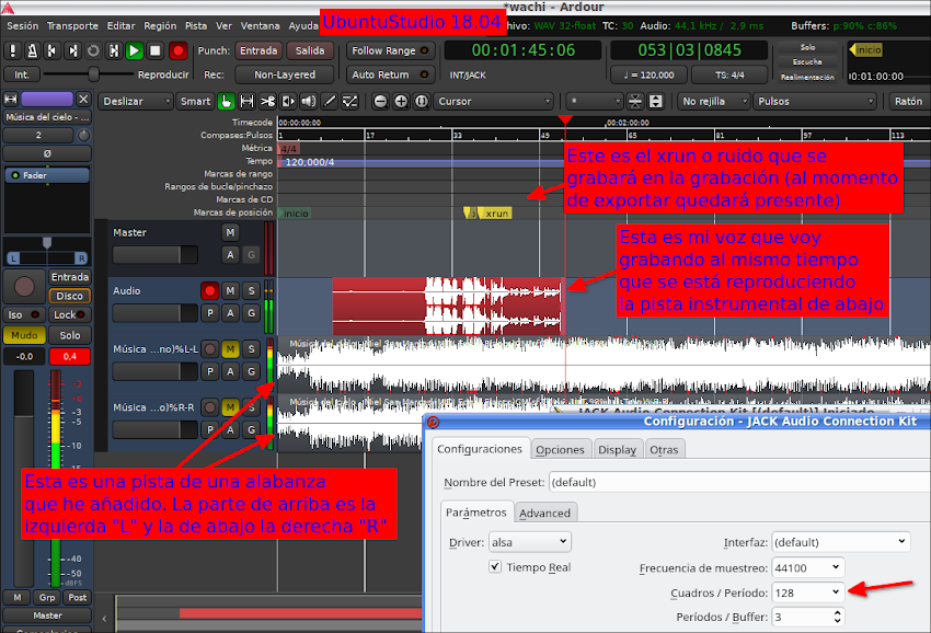 xruns en Ubuntu Studio 18.04 con qjackctl a 44100 de frecuencia de muestreo, a 128 cuadros por periodo para estereo mix