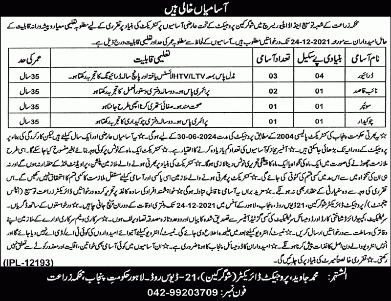 Punjab Agriculture Department Jobs 2021 Lahore