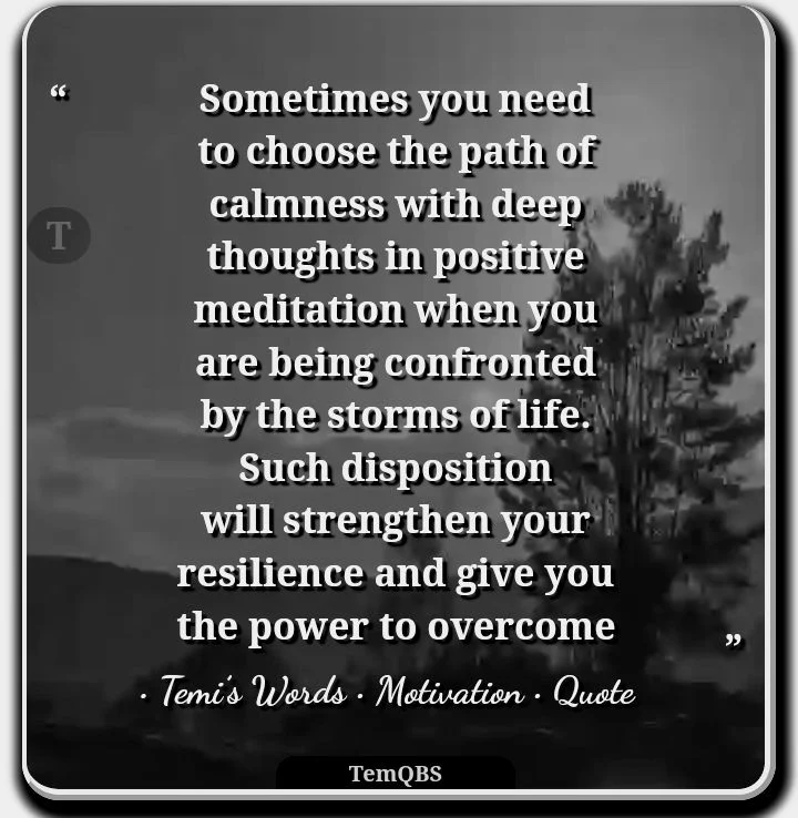 Sometimes you need to choose the path of calmness with deep thoughts in positive meditation when you are being confronted by the storms of life. Such disposition will strengthen your resilience and give you the power to overcome - Temi's Words : Quote