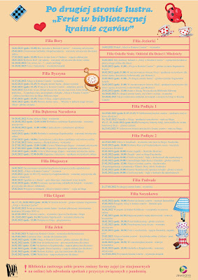 Tło kremowe, na bokach kartek rysunki: dziewczynki zaprezentowanej od pasa w dół, ubranej w niebieską spódnicę z nałożonym na nią fartuszkiem w biało niebieskie romby; trzy filiżanki - jedna na drugiej: biała w różowe kropki, biała w niebieskie paski, biała w różowe romby, obok której leży brązowy kapelusz, karty do gry, czerwony czajnik, nalewający napój do dwóch filiżanek. Tekst: Po drugiej stronie lustra. Ferie w bibliotecznej krainie czarów oraz plan wydarzeń. Na dole plakatu tekst: Biblioteka zastrzega sobie prawo zmiany formy zajęć (ze stacjonarnych na online) lub odwołania spotkań z przyczyn związanych z pandemią oraz logo MBP w Jaworznie i logo miasta.