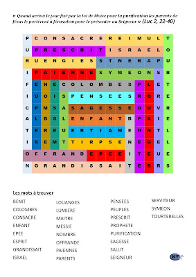 Mots cachés : Marie et Joseph présentent Jésus au temple