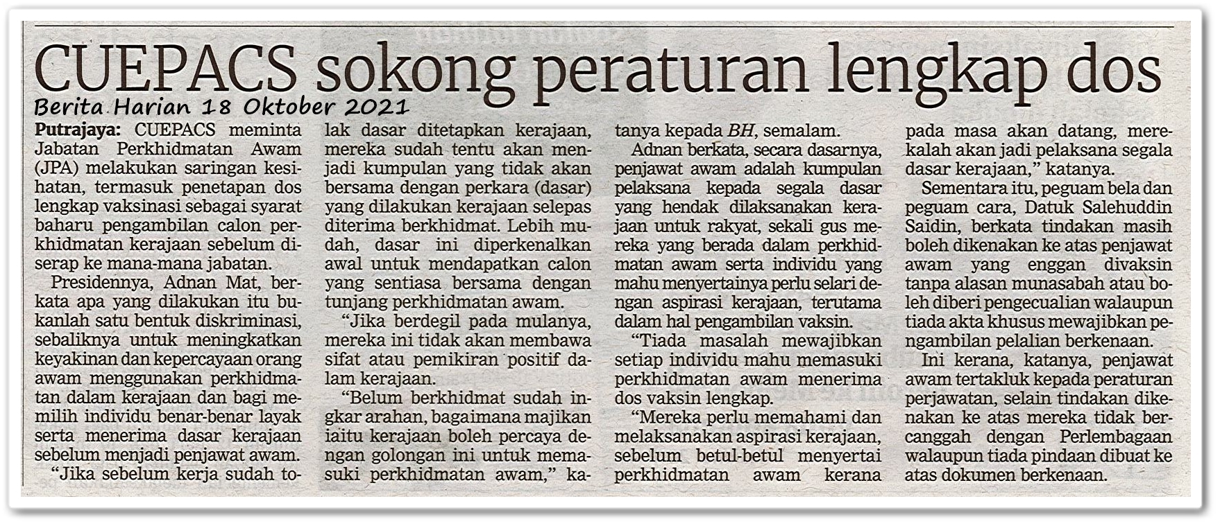 CUEPACS sokong peraturan lengkap dos - Keratan akhbar Berita Harian 18 Oktober 2021