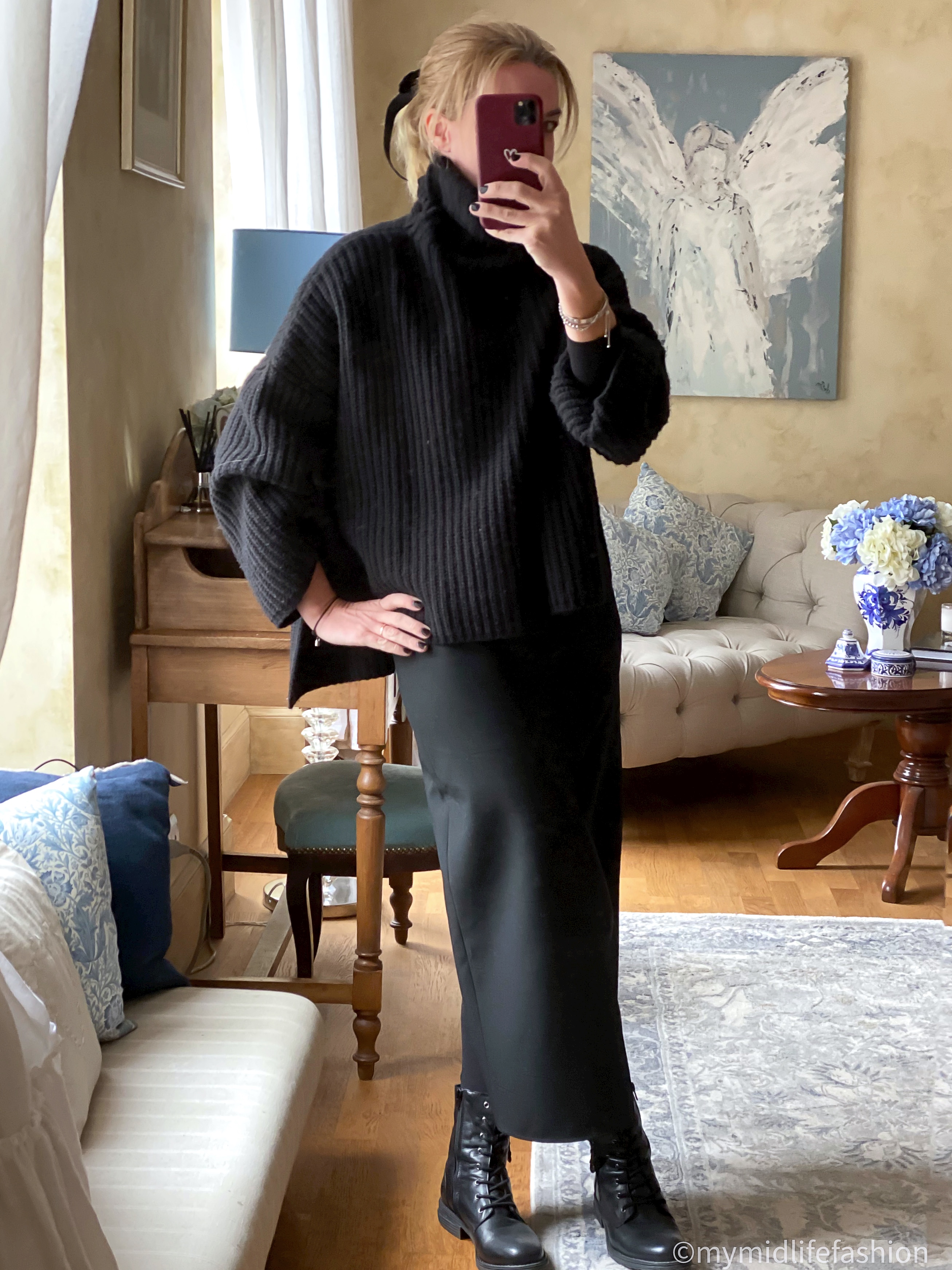 my midlife fashion, carl scarpa paulette black lace up ankle boots, Jospeh chunky ribbed roll neck jumper, Zara straight split maxi skirt