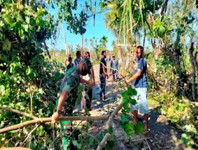 Anggota Koramil Lhoong bersama Damkar dan Masyarakat Bersihkan Batang Pohon Tumbang