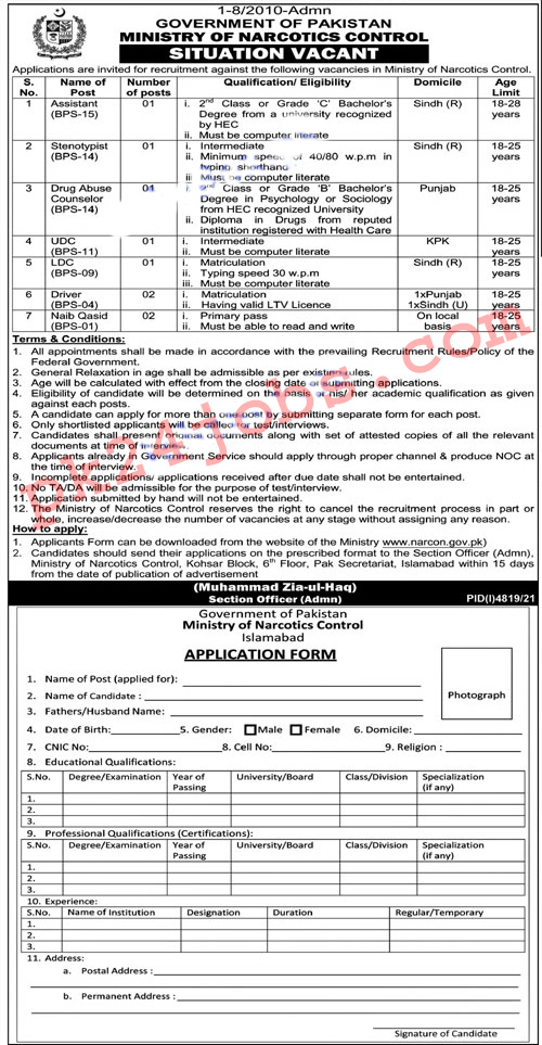 Ministry of Narcotics Jobs 2022 – Government Jobs 2022