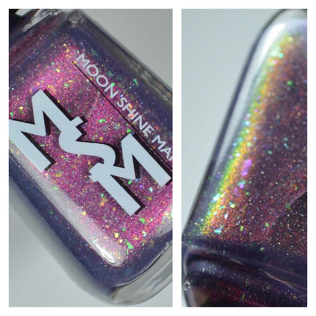 glowing purple nail polish with color shifting flakies in a bottle