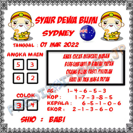 Syair Dewa Bumi Sydney Senin 07-Mar-2022