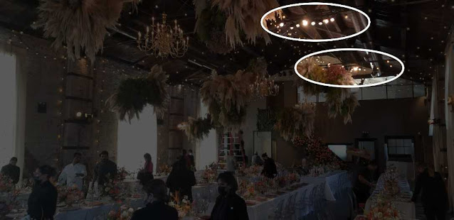 Pin-Spot for Table Centerpieces hanging overhead at The Green Building located in Brooklyn, NY