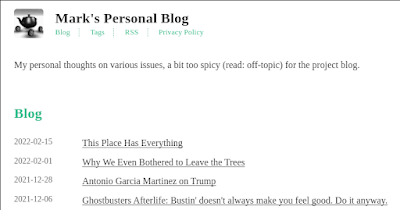 An image of the blog, showing new header style and list of entries