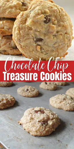 Top photo is a Chocolate Chip Treasure Cookie on it's side the bottom photo is Chocolate Chip Treasure Cookies on a pan. In between the two photos is a red stripe with white text Chocolate Chip Treasure Cookies.