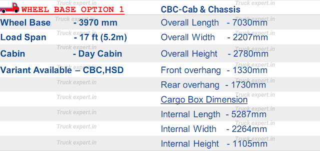 Ashok leyland Ecomet 1415HE CNG option 1 Ashok leyland Ecomet 1415 HE CNG of 3970mm wheelbase have a load body span of 17ft (5.2mm).  The overall dimensions of cab & chassis(chassis without load body) are mentioned above including its overall length -7030mm, overall width - 2207mm, overall height -2780mm, Front overhang -1330mm, Rear overhang -1730mm.  The Built body option is available in HSD Load body in which the internal length , width & Height are as specified 5287mm x 2264mm x 1105mm.