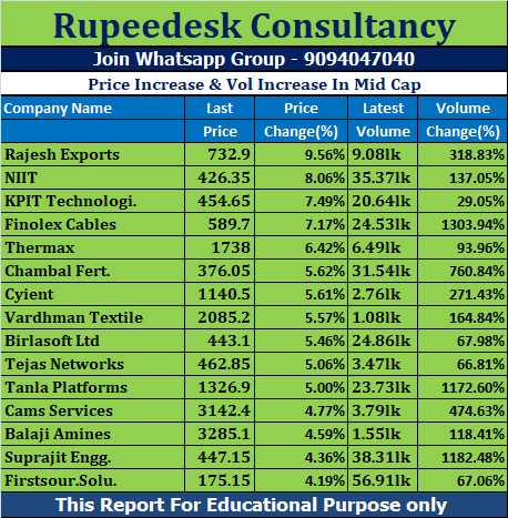 Price Increase & Vol Increase In Mid Cap