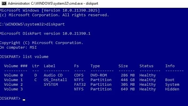 حل مشكلة عدم تشغيل نظام التشغيل Windows 10 بعد ظهور شعار Windows باستخدام Diskpart