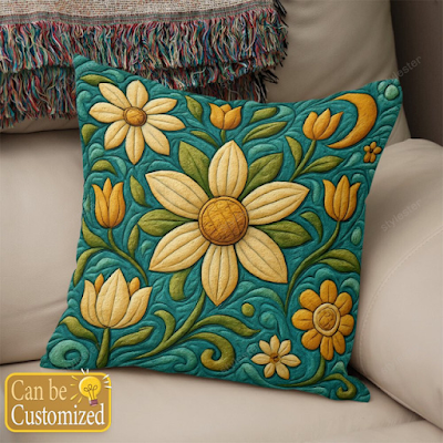 Floral pillowcase cover featuring vibrant teal and mustard flowers