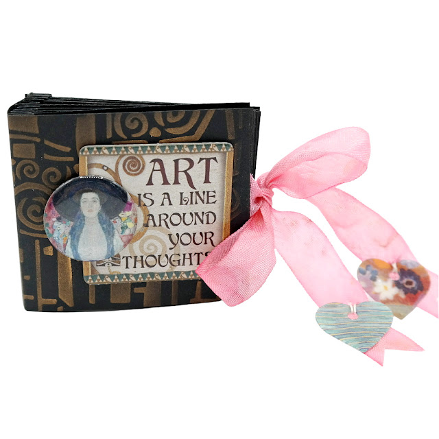 Stenciled Cardstock Klimt Inspired Mini Book with Chipboard and Flair Button Embellishments