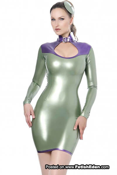 Sister Sinister in sage latex mini-dress