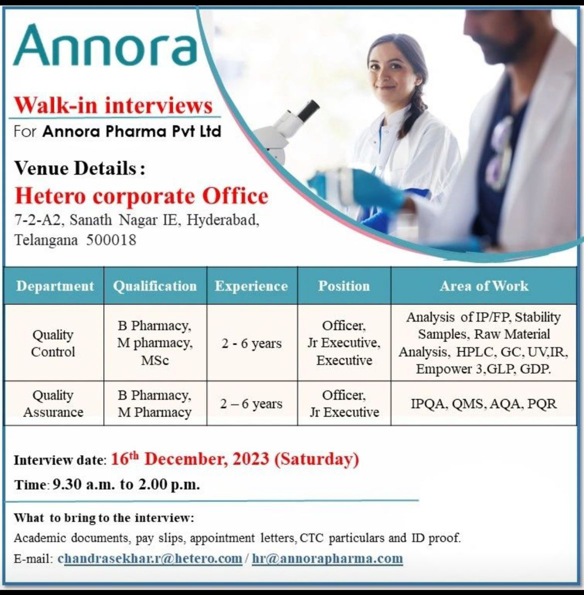 Job Availables Annora Pharma Pvt Ltd Walk In Interview for B Pharm/ M Pharm/ MSc