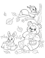 Bear, bunny and squirrel near the shedding tree coloring sheet