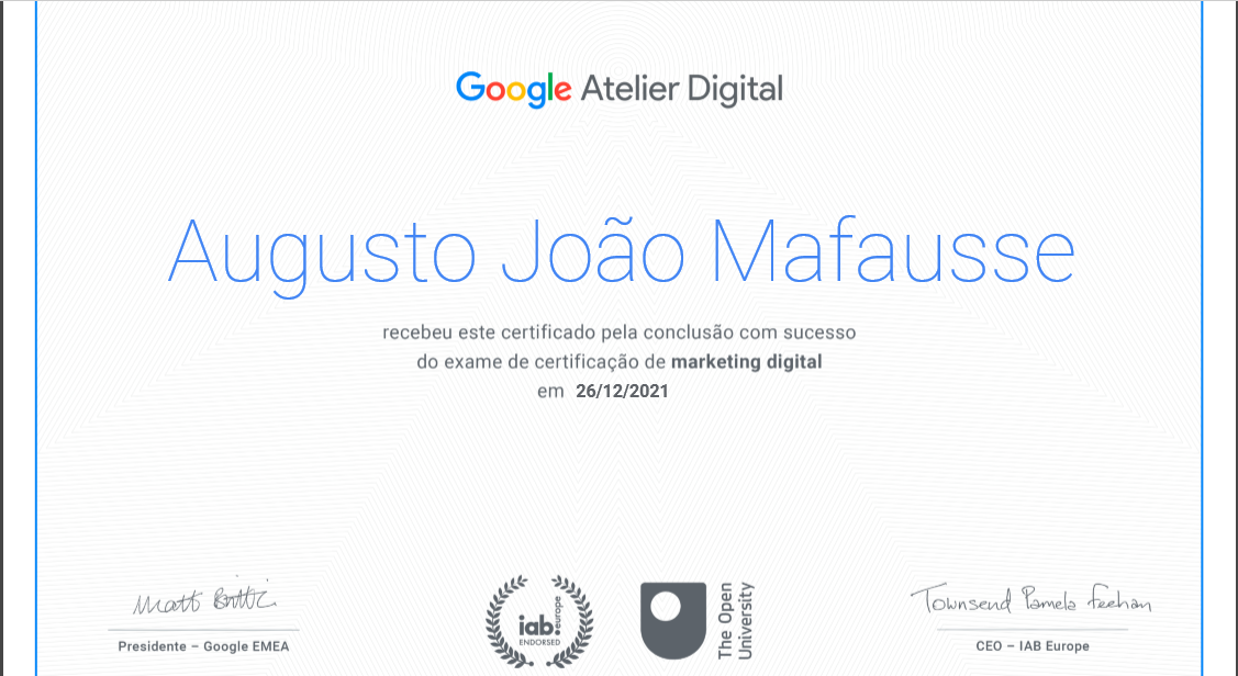 Certificado de conclusão do curso de marketing digital do Google Atelier Digital
