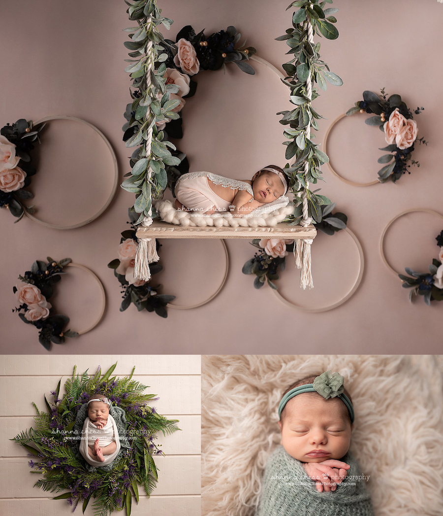 Newborn girl on wooden swing with greenery and flowers, Eugene OR newborn photographer