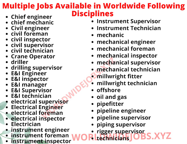 Multiple Jobs Available in Worldwide Following Disciplines