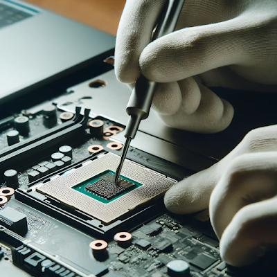 A close-up of a technician applying thermal paste on a laptop CPU using a precision tool.