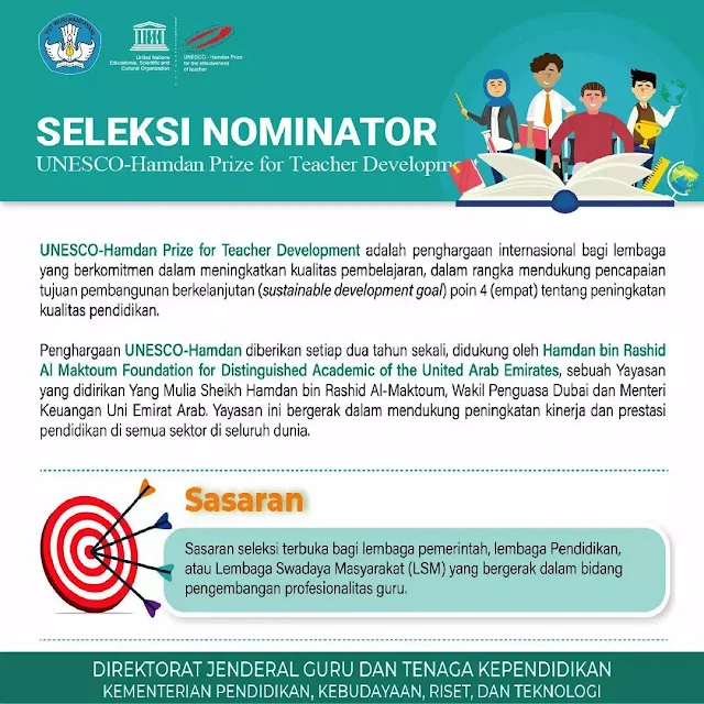 Komisi Nasional Indonesia untuk UNESCO (KNIU) Kementerian Pendidikan, Kebudayaan, Riset, dan Teknologi, bekerja sama dengan Hamdan bin Rashid Al Maktoum Foundation for Distiguished Academic of the United Arab Emirates, memberikan penghargaan UNESCO-Hamdan Prize for Teacher Development