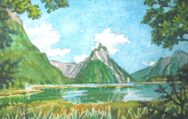 Watercolour of the fiord landscape of Milford Sound and Mitre Peak in the sun, "Milford Sound," by William Walkington in 2020