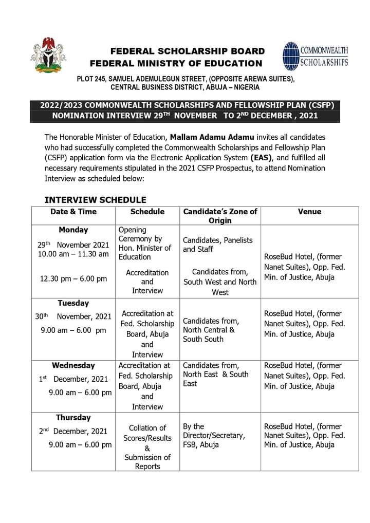 Public Notice: 2022/2023 COMMONWEALTH SCHOLARSHIPS AND FELLOWSHIP PLAN (CSFP) NOMINATION INTERVIEW Check Full Annoucement Here