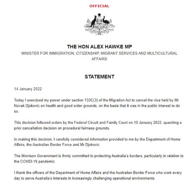 Statement on Novak Djokovic by Australian Immigration Minister