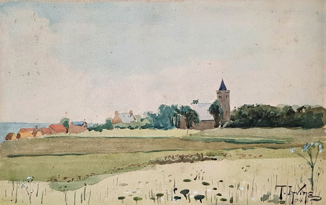 Watercolour of a village with a church and the sea beyond, "Untitled (Landscape with a Village)" by Thomas Irving in 1884.