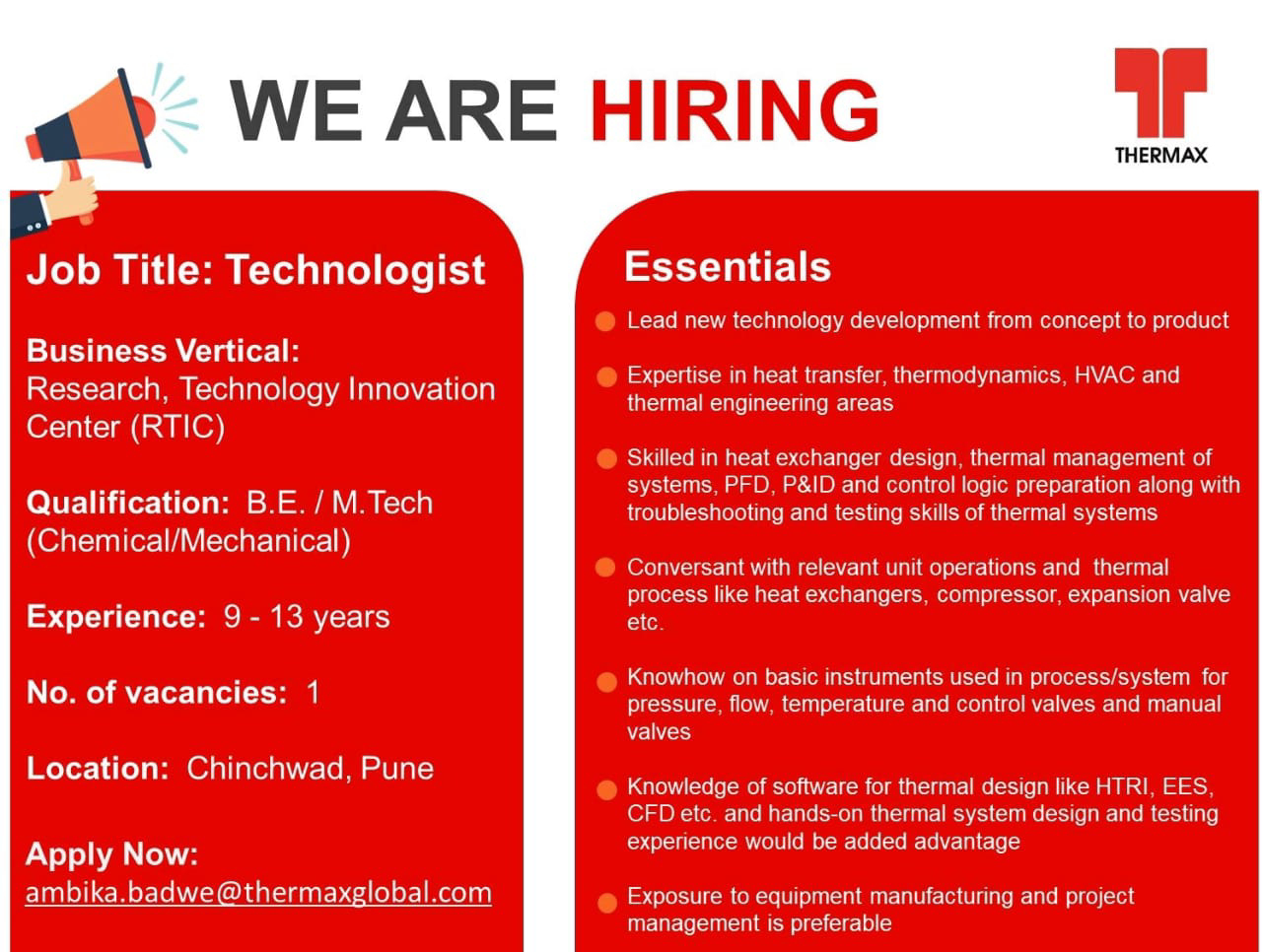 Job Availables,Thermax Job Vacancy For B.E/ M.Tech( Chemical/ Mechanical)