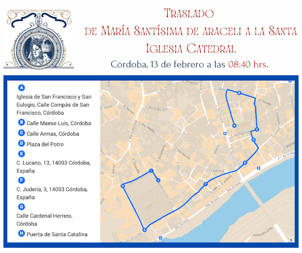 Todos los Datos del traslado a la Catedral de Córdoba de la Virgen de Araceli de Lucena este domindo 13 de Febrero