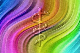 Image shows a rainbow swirl with a staff & snake embossed