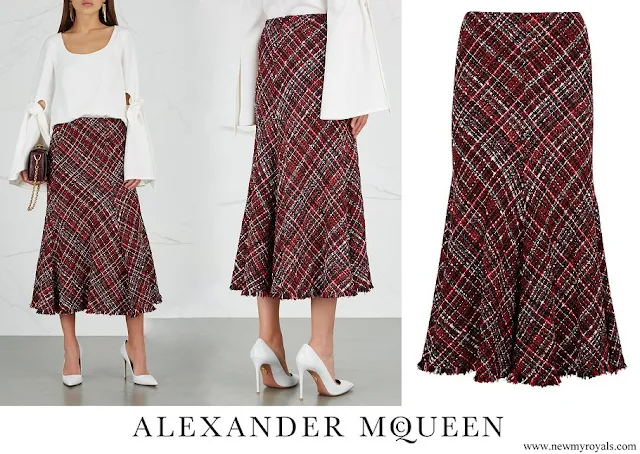 Crown Princess Mary wore ALEXANDER MCQUEEN high waisted bouclé tweed midi skirt