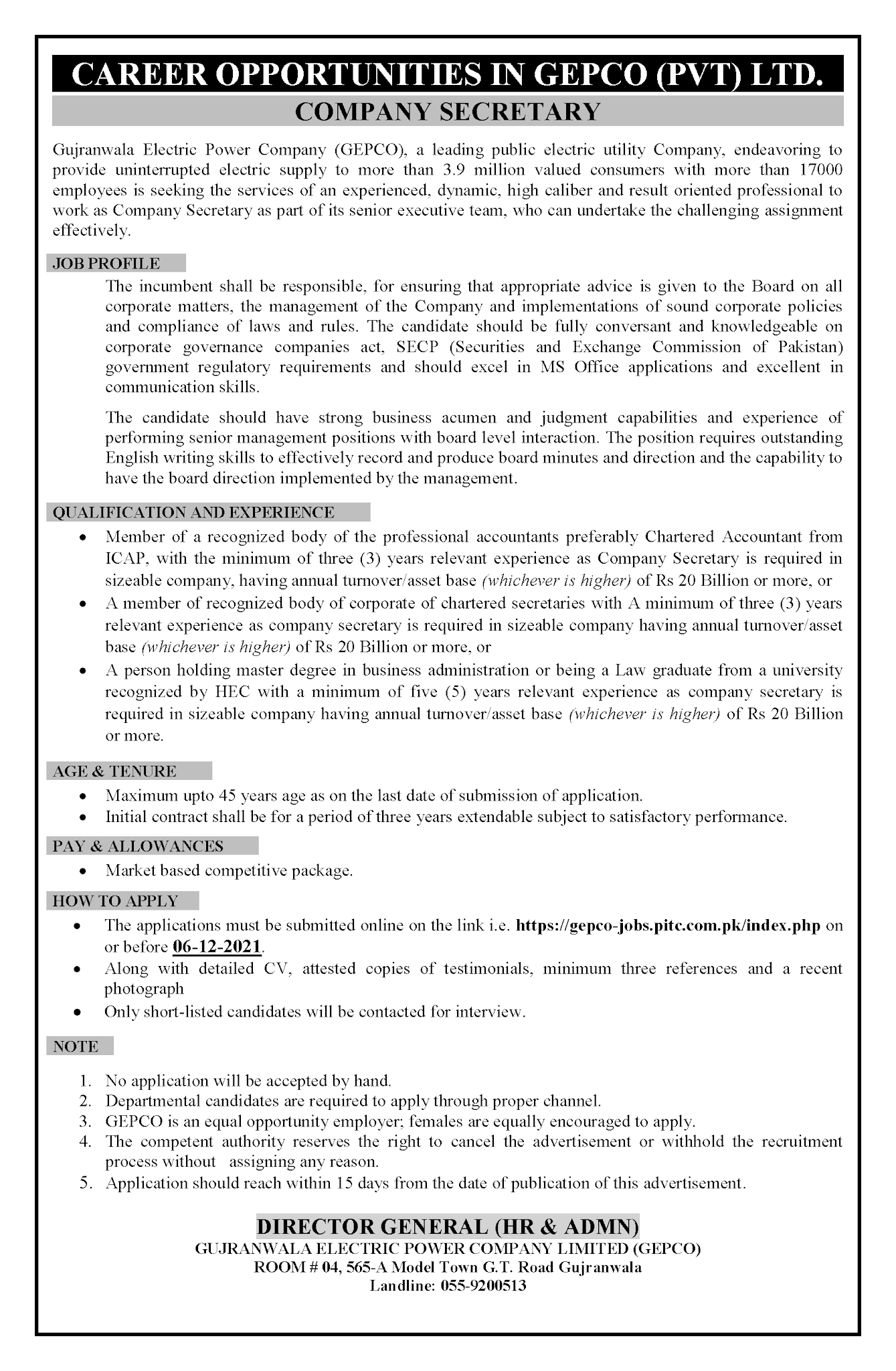 Gujranwala Electric Power Company GEPCO Jobs 2021 for Company Secretary