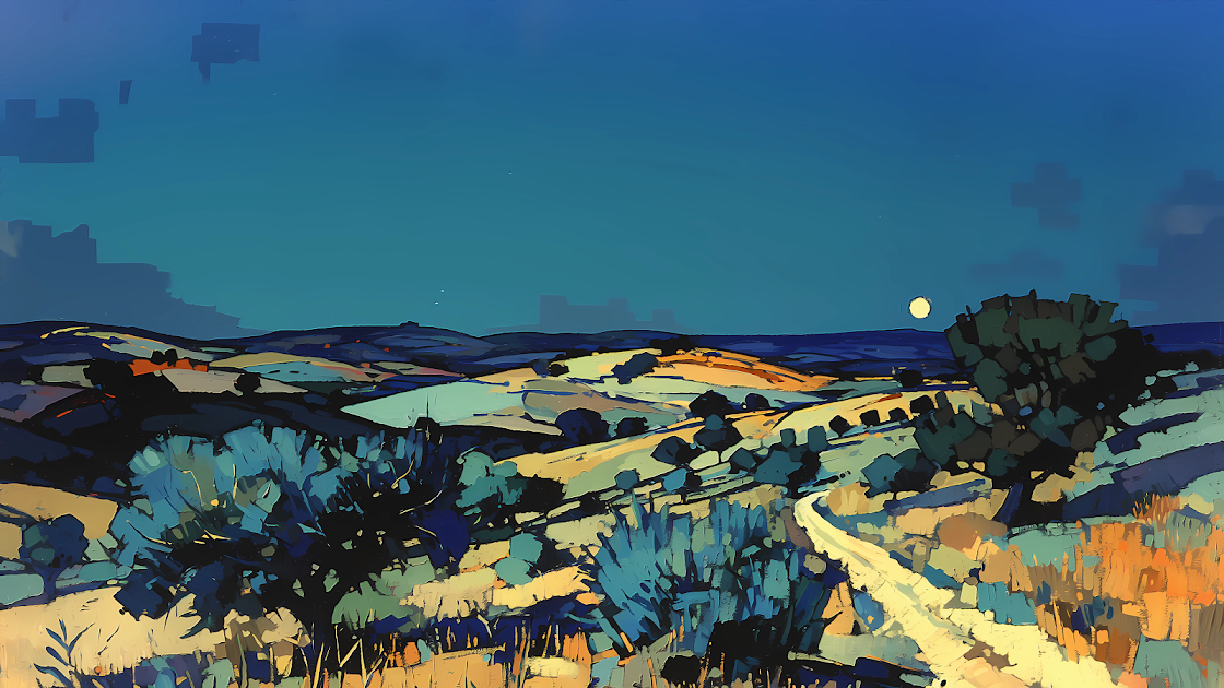 An impressionist digital painting of a peaceful countryside under a moonlit sky. The artwork features rolling hills, scattered trees, and a winding path, with rich colors and bold brushstrokes creating a serene and picturesque landscape.