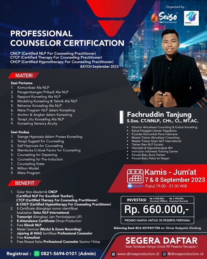 WA.0821-5694-0101 | Certified NLP For Counseling Practitioner (CNCP), Certified Therapy For Counseling Practitioner (CTCP), Certified Hypnotherapy For Counseling Practitioner (CHCP) 7 September 2023