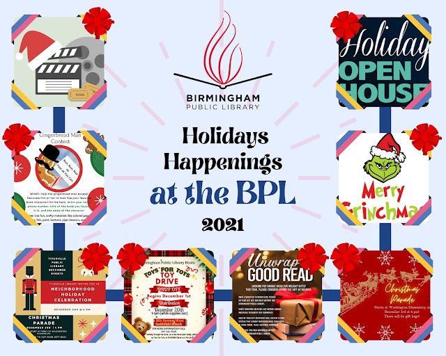 A graphic with several BPL holiday programs flyers wrapped up like presents that says "Holiday Happenings at the BPL 2021"