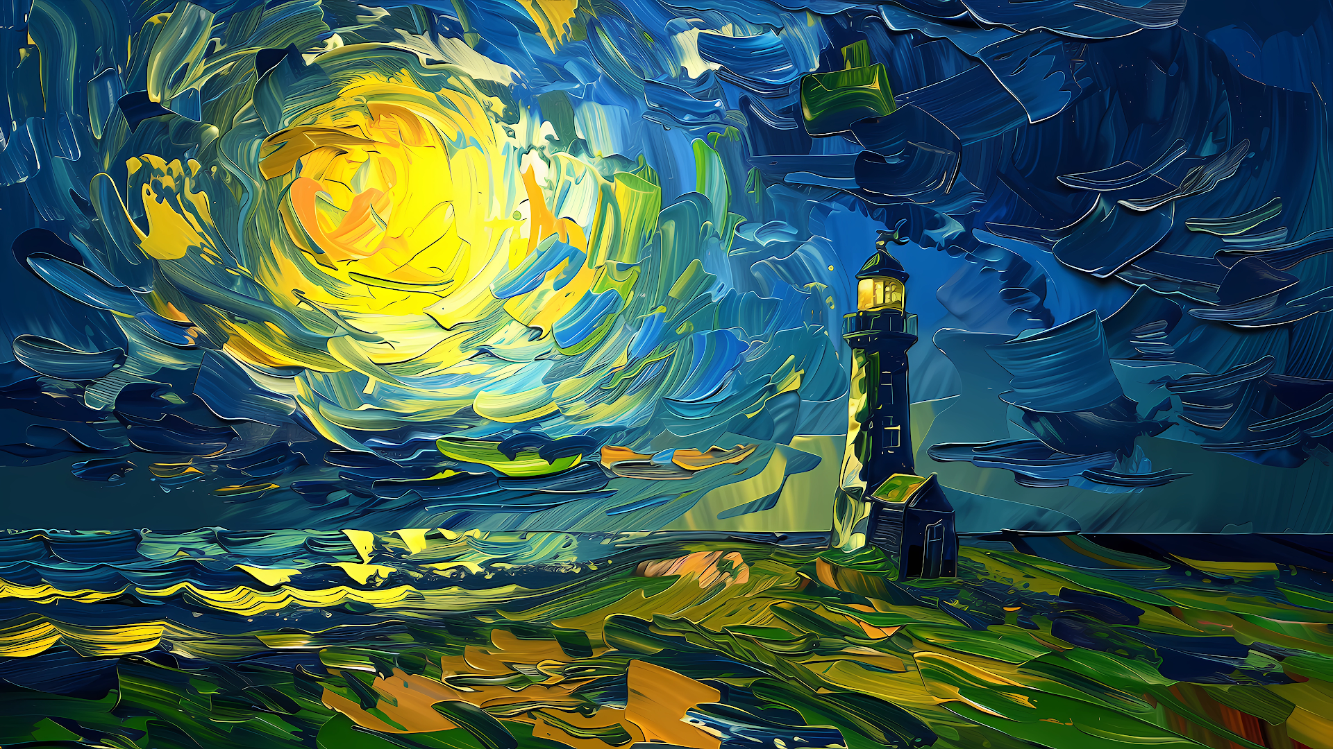 An impressionistic digital painting of a lighthouse standing resilient against a swirling, Van Gogh-inspired sky, illuminated by a vibrant moon.