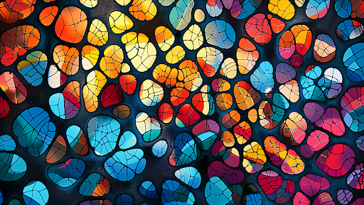 Abstract mosaic of stained glass in vibrant colors forming a kaleidoscopic pattern in 4K, an artistic PC wallpaper

