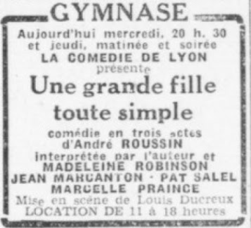 Une grande fille toute simple d'André Roussin_création avec Gérard Philipe en 1942_annonce Théâtre du Gymnase Marseille