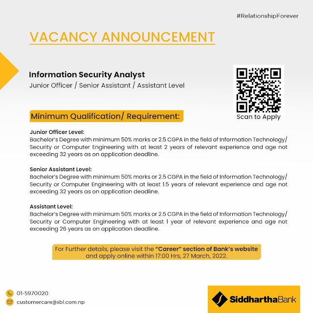 Vacancy from Siddhartha Bank for Information Security Analyst