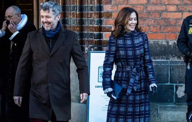 Crown Princess Mary wore a new check wrap coat by Hobbs. Princess Isabella wore a new purple wool belted coat by Mackage