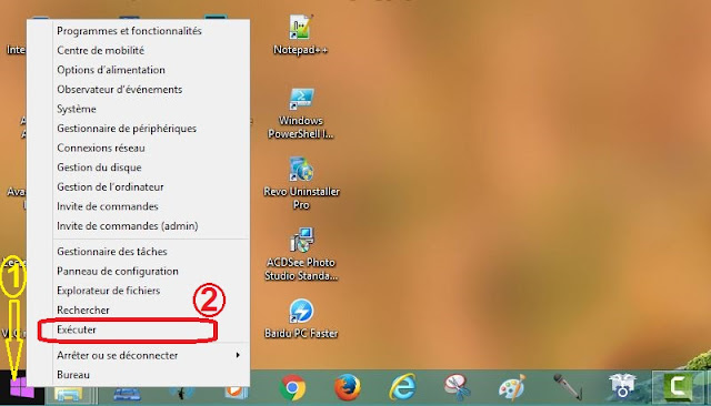 أولا قم بوضع مؤشر الماوس فوق إشارة الويندوز أيا كان الويندوز الذي تستعمله (في حالتي 8.1) ثم اضغط على زر الفأرة الأيمن. ستنبثق لك نافدة بهذا الشكل. قم باختيار Exécuter