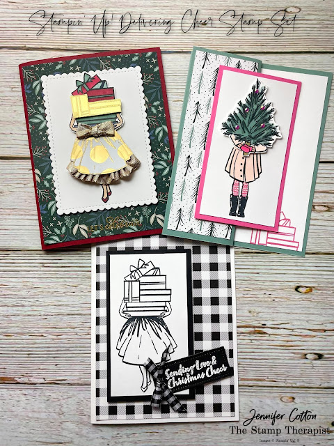 3 cards with the Stampin' Up! Delivering Cheer Stamp Set.  Each card has a lady (her legs) either in a dress or coat holding gifts or a tree covering her face.  Blog has link to video with more descriptions.