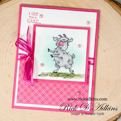 Check out this cute little birthday card using the Way to Goat Stamp Set with the sentiment I got you a Cake!