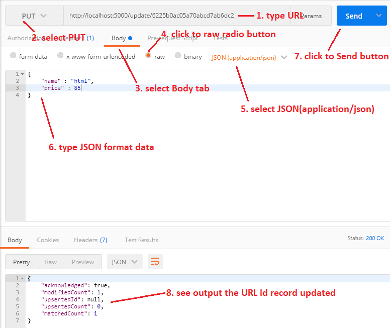 updated single document using rest api put method with id from the postman tool
