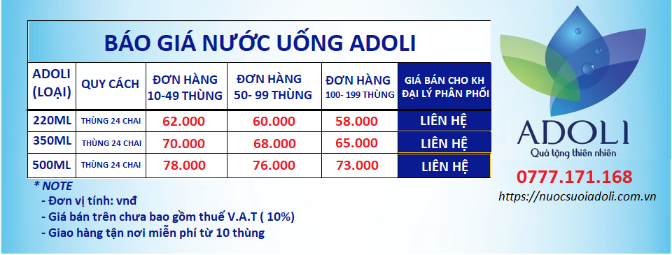 BÁO GIÁ SẢN PHẨM NƯỚC UỐNG ADOLI