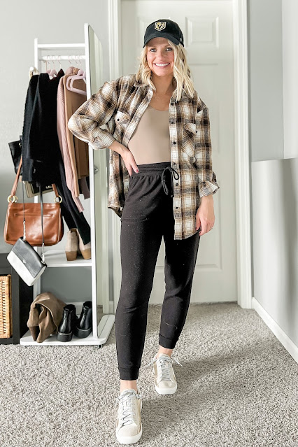 Styling a brown plaid shacket with joggers